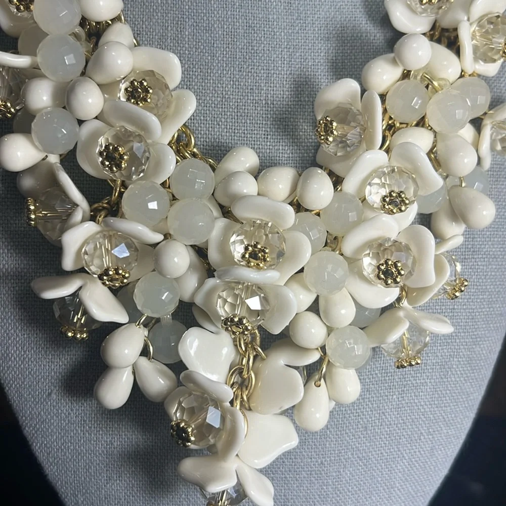 Talbots Floral Beaded Cluster Necklace in Creamy White and Gold - Picture 3 of 9